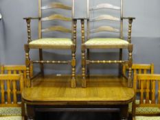 DRAW LEAF DINING TABLE, oak with four and two Harlequin dining chairs