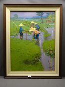 SUJARIT HIRANKUL oil on canvas - native working figures in paddy fields, Siam, signed and dated