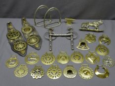ANTIQUE HORSE BRASSES & RELATED ITEMS including a pair of stirrups and mouth bit