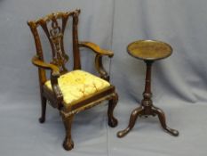 CHIPPENDALE REPRODUCTION STYLE DOLL'S ARMCHAIR and a mahogany wine table on tripod supports