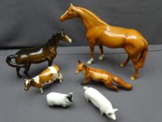 BESWICK ANIMAL FIGURINES, a quantity to include a 23cms length fox, a pig marked 'C H Wall, Champion