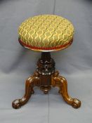 FINE 'RISE & FALL' CIRCULAR PIANO STOOL on carved tripod supports