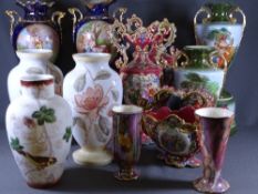 LARGE MIXED GROUP OF VICTORIAN DECORATIVE POTTERY & MILK GLASS VASES, some with pedestal stands