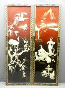 ORIENTAL LAQUER WORK PANELS, a pair with shibyama type relief decoration in stained mother of pearl,