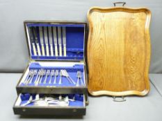 CUTLERY BOX with base drawer and cutlery contents and a vintage oak tray