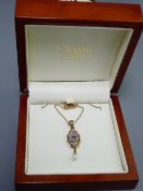 CLOGAU GOLD PENDANT NECKLACE set with central amethyst (February birthstone) with pearl drop,