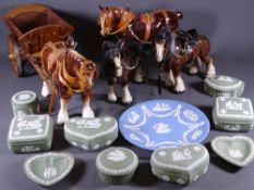 WEDGWOOD JASPERWARE and a selection of pottery shire horses, one with cart