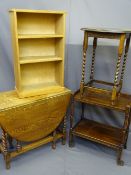 BARLEY TWIST GATE-LEG TABLE, lightwood open bookcase, polished tea trolley and a barley twist oval
