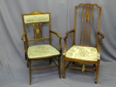 ANTIQUE SALON CHAIRS, two non-matching and both elbow with inlay detail