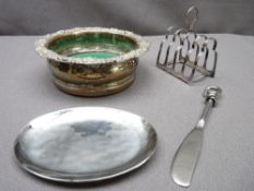 SILVER TOAST RACK, EPNS items including wine coaster ETC