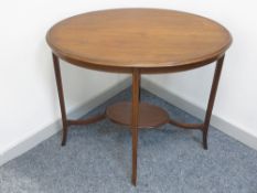 OVAL TOP EDWARDIAN TWO-TIER LINE INLAID MAHOGANY SIDE TABLE, 73cms H, 82.5cms L, 56cms W