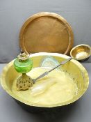 LARGE BRASS PAN, 63cms diameter, similar size copper charger, iron handled brass pan and an old