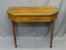 EDWARDIAN FOLDOVER CARD TABLE, canted corners with blue baize interior on spade feet with boxwood