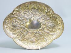 VICTORIAN SILVER BIRD & FLORAL EMBOSSED LOBED DISH, London 1891, makers James Wakely and Frank