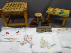 TREEN - rabbit bookends, vintage rule for Caslon and Company, string-top stool ETC and a quantity of