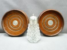 SILVER TOPPED GLASS SUGAR SIFTER and a pair of silver mounted wooden coasters, Chester and London