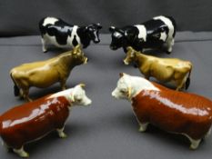 BESWICK POTTERY CATTLE FIGURINES, three pairs including Hereford bull and cow, champion of champions
