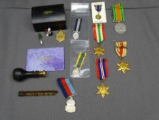 WWII UNMARKED GROUP OF FOUR MILITARY MEDALS & OTHER COLLECTABLES including medal miniatures, a