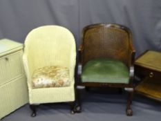 BERGERE TYPE TUB CHAIR, cane topped occasional table and Loom type items