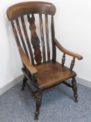 VICTORIAN WINDSOR FARMHOUSE ARMCHAIR, 100cms H, 58cms W, 38.5cms seat depth