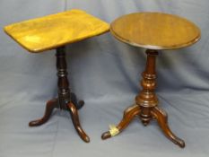 MAHOGANY OCCASIONAL TABLES X 2 on tripod supports, one circular, 49cms diameter and the other