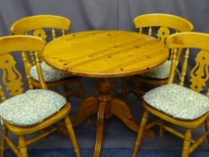 MODERN PINE CIRCULAR BREAKFAST TABLE, 93cms diameter and four chairs