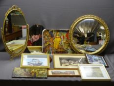 CONVEX GILT FRAMED MIRROR, other fancy mirrors, prints, clock ETC