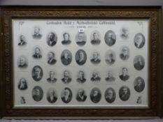 1905 FRAMED PICTORIAL PRINT OF NAMED METHODIST MINISTERS, 74cms H, 105cms W, frame included