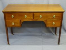 KNEEHOLE DESK with inlaid detail on castors, 82cms H, 122cms W, 52cms D