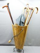 NOVELTY WOODEN & METAL UMBRELLA STAND with a quantity of sticks and umbrellas