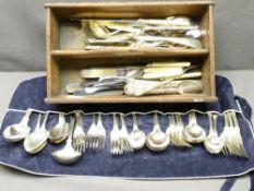 KINGS PATTERN CUTLERY by Walker and Hall, wooden cutlery box with mixed cutlery contents