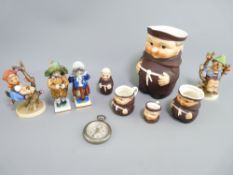 EUROPEAN FIGURES BY VOLKSTEDT HUMMEL & GOEBEL along with a base metal circular pocket compass