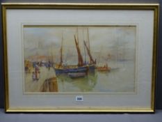 FRANK ROUSSE watercolour - fishing boat and figures at Whitby harbour, 30 x 49cms