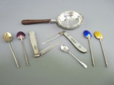 SMALL SILVER - a quantity including four colourful enamel backed silver gilt coffee spoons, a tea