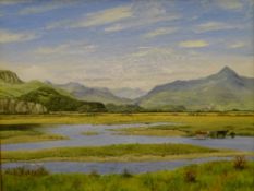 ARTHUR DALRYMPLE oil on board - titled 'Snowdonia and the Glaslyn Estuary from the Cob, Porthmadog',