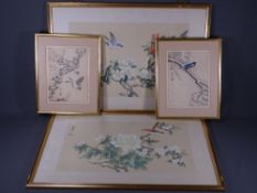 JAPANESE PAINTINGS ON SILK each depicting birds among branches and blossom, 23 x 18cms and 41.5 x