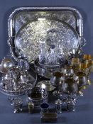 EPNS WARE, a boxed quantity including three various trays, a four bottle condiment set ETC