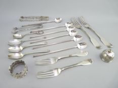 MIXED HALLMARKED SILVER FLATWARE, ten pieces, a silver sifter lid and a napkin ring, various