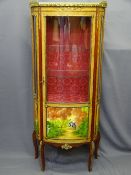 EMPIRE STYLE VITRINE CABINET, gilt metal mounts, gallery top and fabric panelled paintings, 167cms