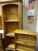 MODERN PINE OPEN BOOKCASE, 188cms H, 75cms W, 28cms D and another shorter similar bookcase