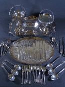 EPNS WARE - a quantity to include two pierced sided trays, swing handled dishes and baskets, a