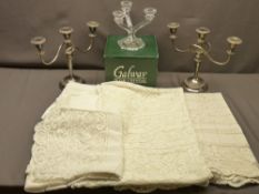 VINTAGE TABLE LINEN, Galway Irish Crystal boxed candelabra and an electroplate candelabra