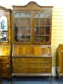 EDWARDIAN BUREAU BOOKCASE with upper glazed twin doors, fine desk interior and three lower drawers