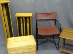 DIRECTOR'S TYPE LEATHER SEATED CHAIR, CD racks, folding table, wicker basket (a parcel)