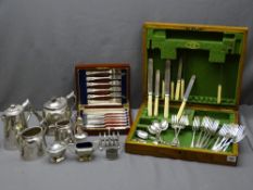 WOODEN CUTLERY BOX with quantity of loose cutlery, wooden cased fish knives and forks and a quantity