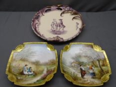 V & B marked puce decorated charger with courting couple and a pair of hand painted Victorian