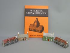 FOUR W H GOSS CHINA COTTAGES and an identification book by Hella Regnard, titles include, 'Prince
