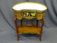 EMPIRE STYLE SIDE TABLE with galleried and marble top, lower galleried shelf and central drawer with