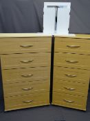 MODERN CHEST OF DRAWERS, lightwood effect, both 122cms H, 77cms W and 59cms W and both 42cms D,