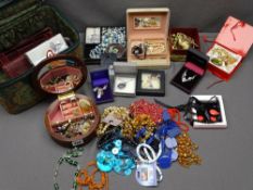 VINTAGE & LATER COSTUME JEWELLERY including coral beads and an interesting swastika bar brooch, a
